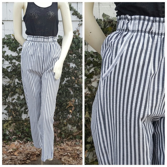 90s High Waisted Striped Pants Cropped Seersucker - Picture 1 of 8